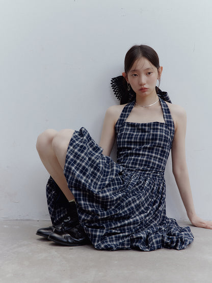 FUSSED Blue Mood Gathered Halter Dress – Dark Night Scottish Plaid FOF-25SS154