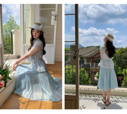 “Blue Breeze Sonata” Blue Ruffle Lace Blouse