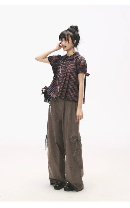 "Retro Plaid Sweetheart" Navy Orange Check Cotton Peter Pan Collar Blouse