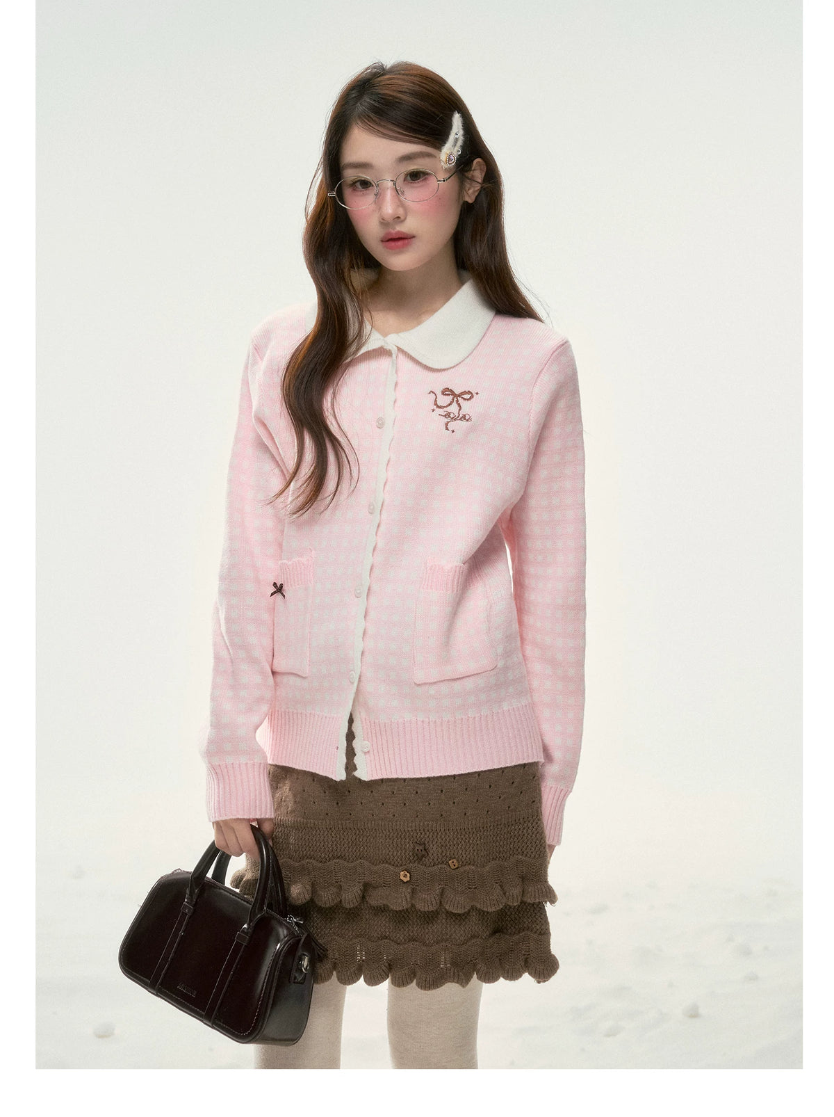 BIBIBENCY - Pink Plaid Bow Knit Sweater