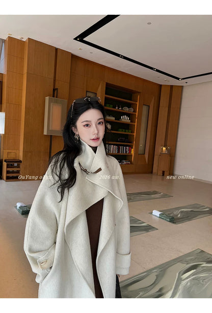 QuQuOuYang - 100% Wool Double-Face Belted Coat with Convertible Collar