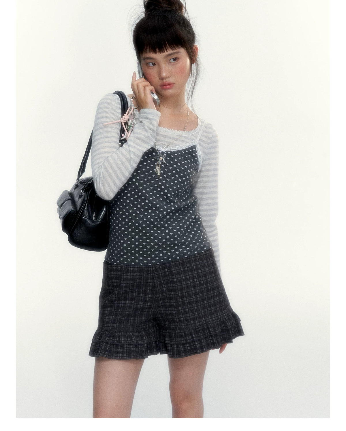 “Early Gray” Light Gray Striped Lace-Trimmed Fitted Long-Sleeve Top