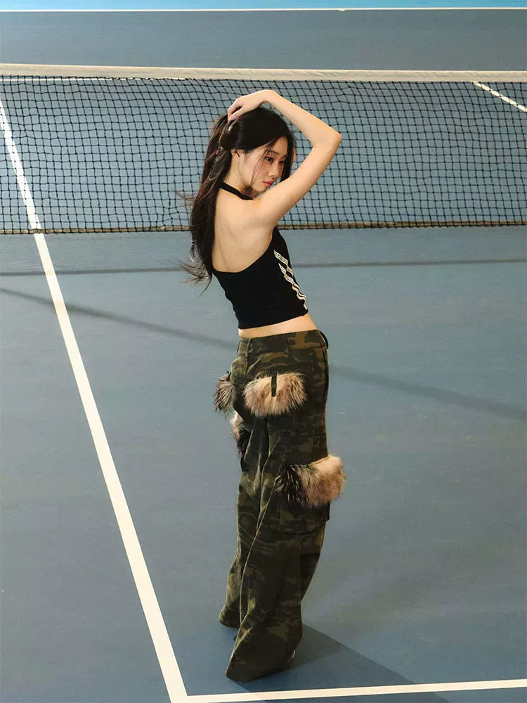 JN's DESIGN - Vintage Camo Wide-Leg Cargo Pants with Faux Fur Pockets