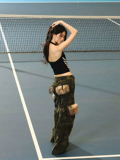 JN's DESIGN - Vintage Camo Wide-Leg Cargo Pants with Faux Fur Pockets
