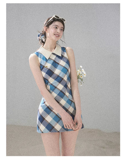 "Sunset by the Shore" Vintage Blue Plaid Polo Mini Dress 358648564