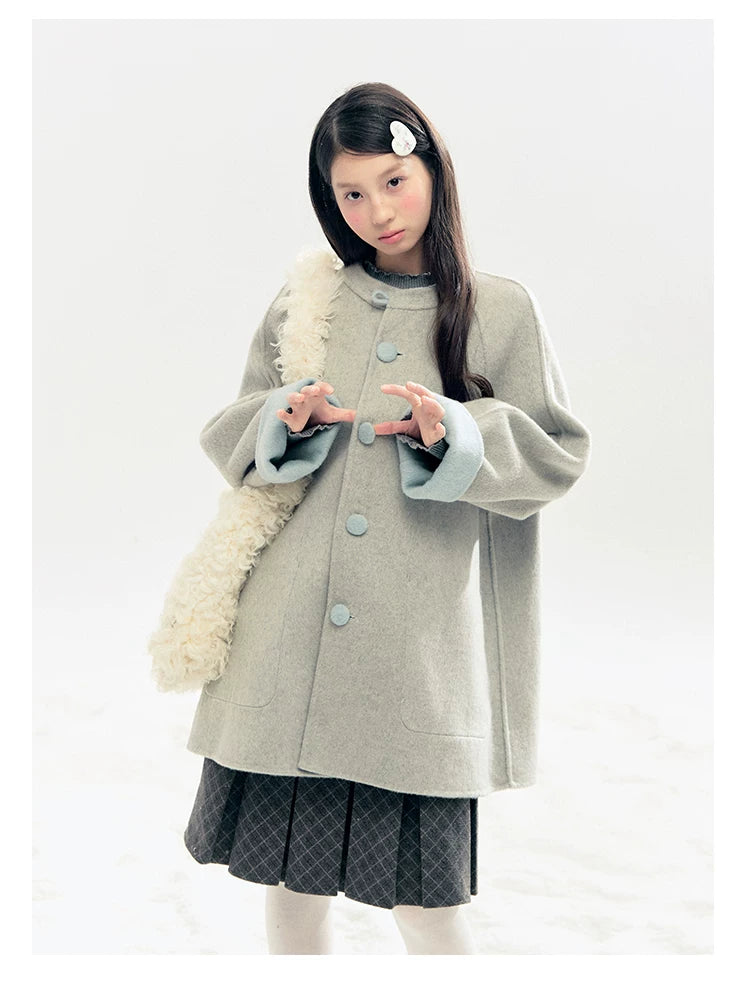"Double Winter Embrace" Blue & Gray Reversible Wool-Blend Cape Coat