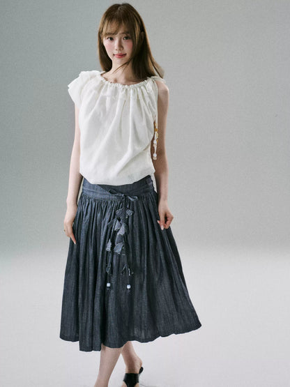 LOST FOREST - Natural Linen-Blend Drawstring Shoulder Top