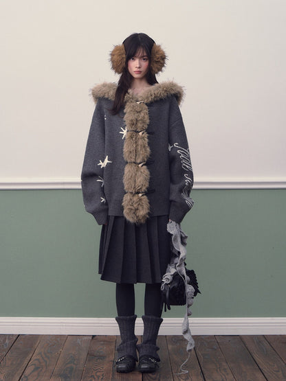 Soote Season - Hooded Star Jacquard Knit Cardigan with Faux Fur Collar - Smoky Gray