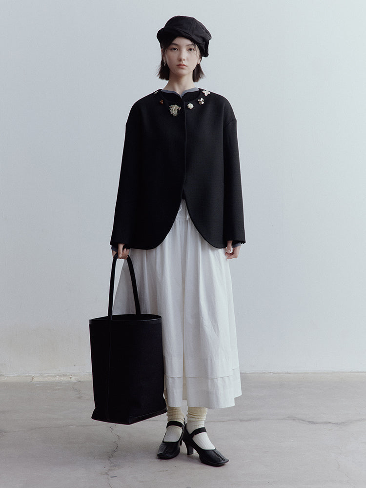 FUSSED Curious Museum Wool Tweed Jacket – Art Button Embellished in Elegant Black FOF-25SS131