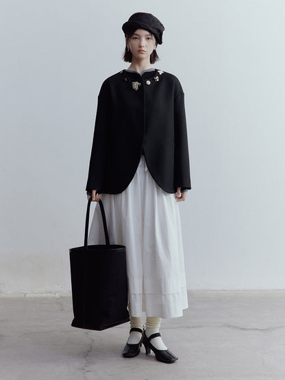 FUSSED Curious Museum Wool Tweed Jacket – Art Button Embellished in Elegant Black FOF-25SS131