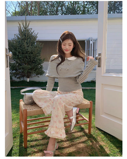 “Misty Sonata” Grey Layered Stripe Knit Top