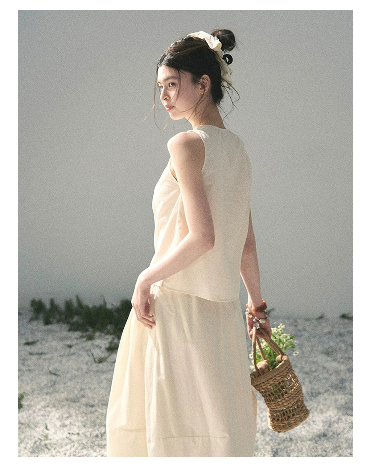 “Ivory Pleated Verse” Soft White Asymmetrical Twist Top & Skirt