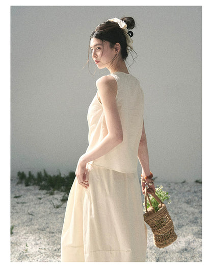 “Ivory Pleated Verse” Soft White Asymmetrical Twist Top & Skirt
