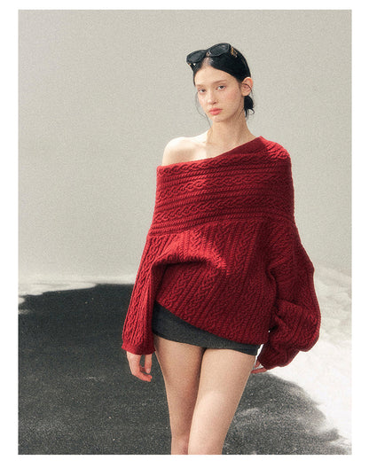 少也眼 “Norwegian Exchange” Off-Shoulder Cable Knit Winter Sweater – Cabernet Red