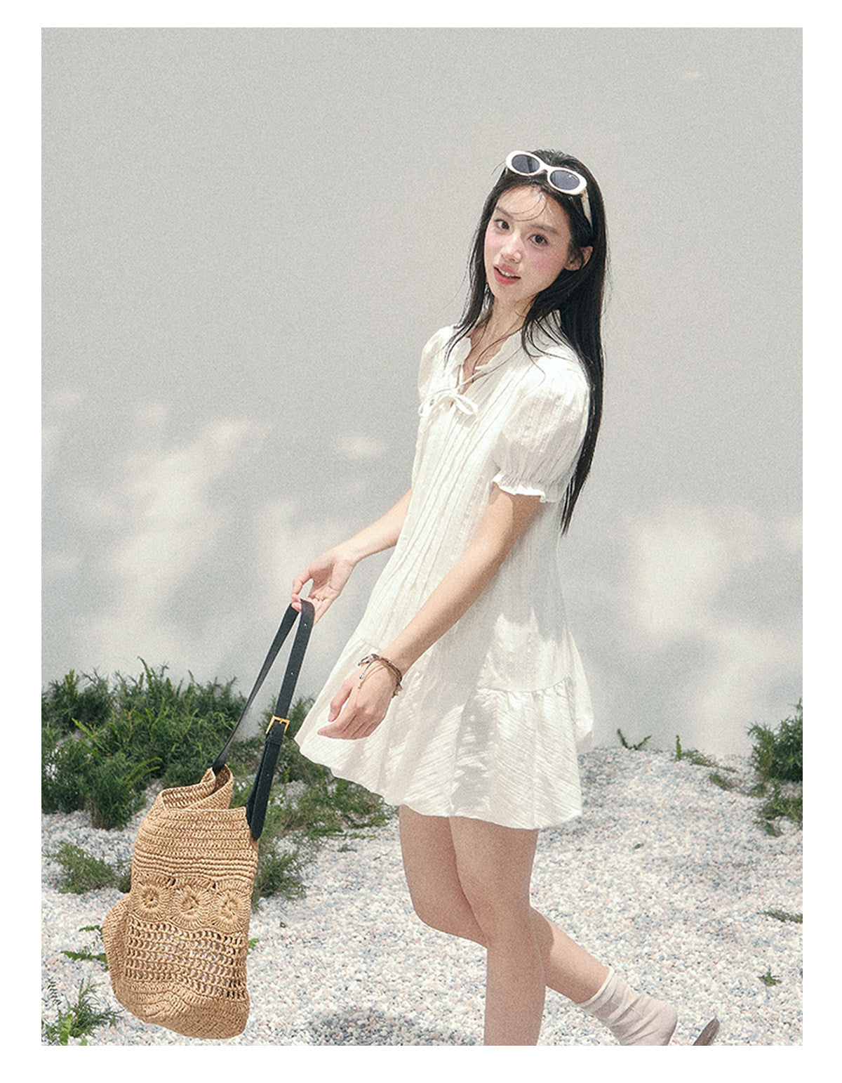“Soft Pleats in Motion” Camellia White Bubble Mini Dress