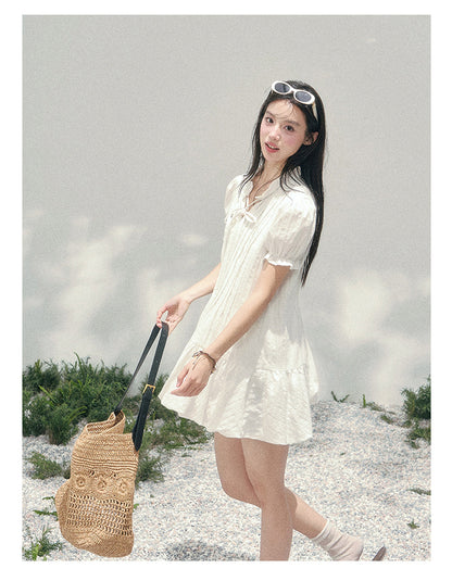 “Soft Pleats in Motion” Camellia White Bubble Mini Dress