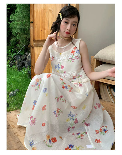 [RF] “Sunlit Wildflower Reverie” Ivory Floral Tulle Maxi Dress