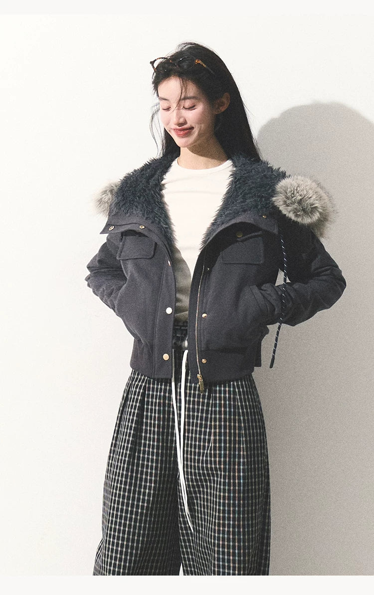 OAKMOO/ "Energy & Freedom" Mocha Gray Fur-Collar Cropped Hoodie Jacket