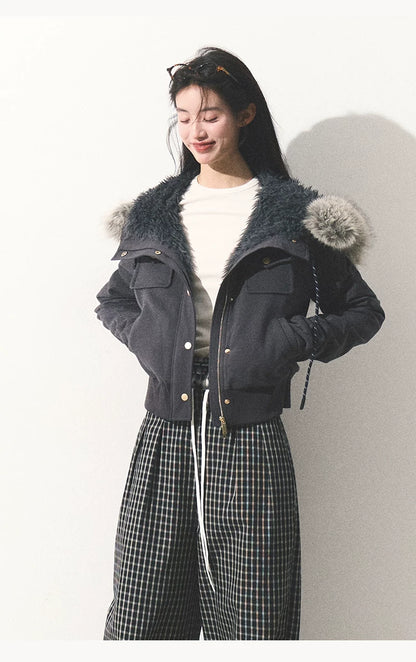 OAKMOO/ "Energy & Freedom" Mocha Gray Fur-Collar Cropped Hoodie Jacket