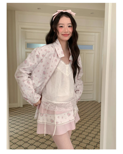 [RF] “Blush Meadow” White & Pink Floral Reversible Jacket and Mini Skirt Set