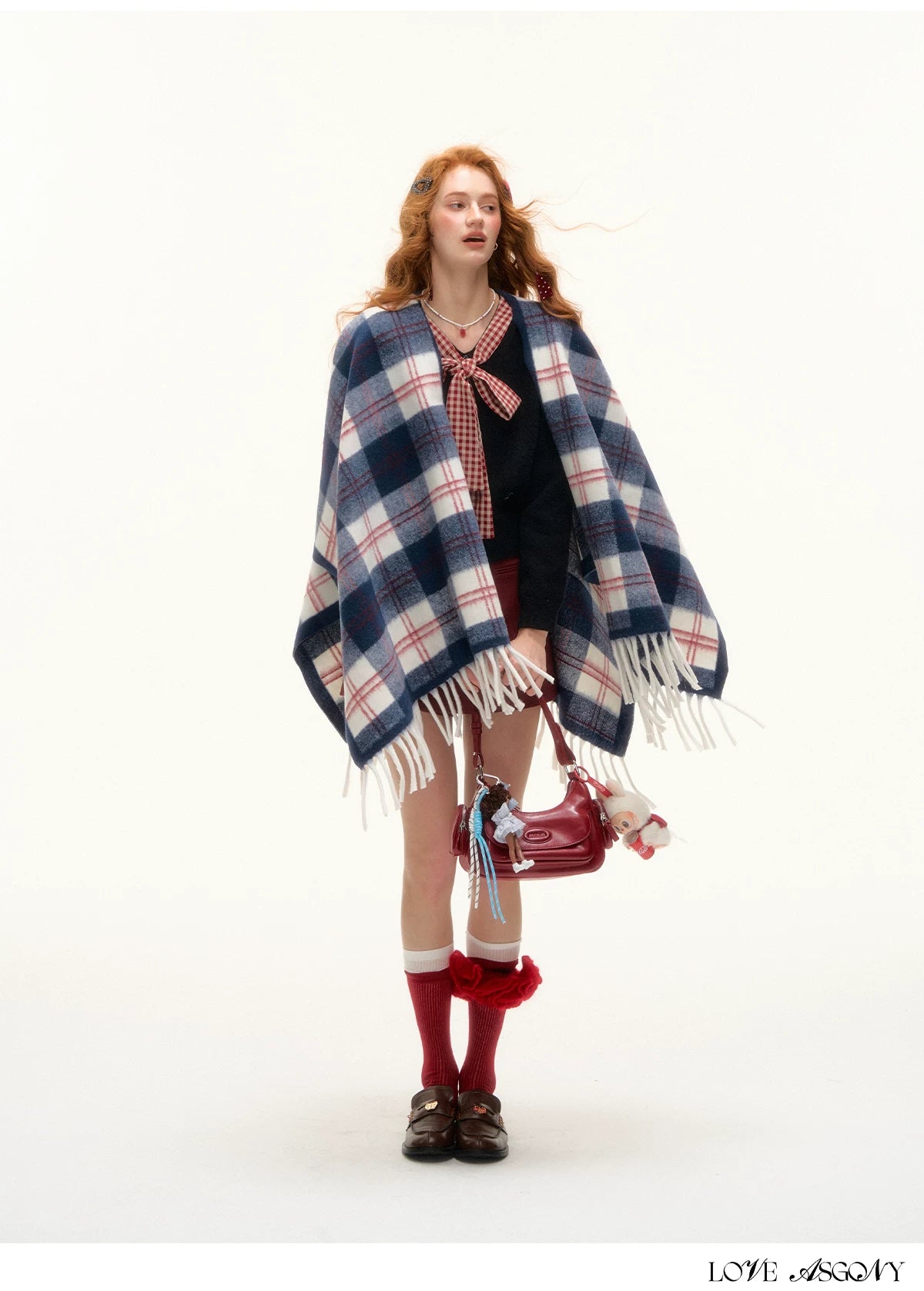 ASGONY - Navy Plaid Fringe Wrap Scarf