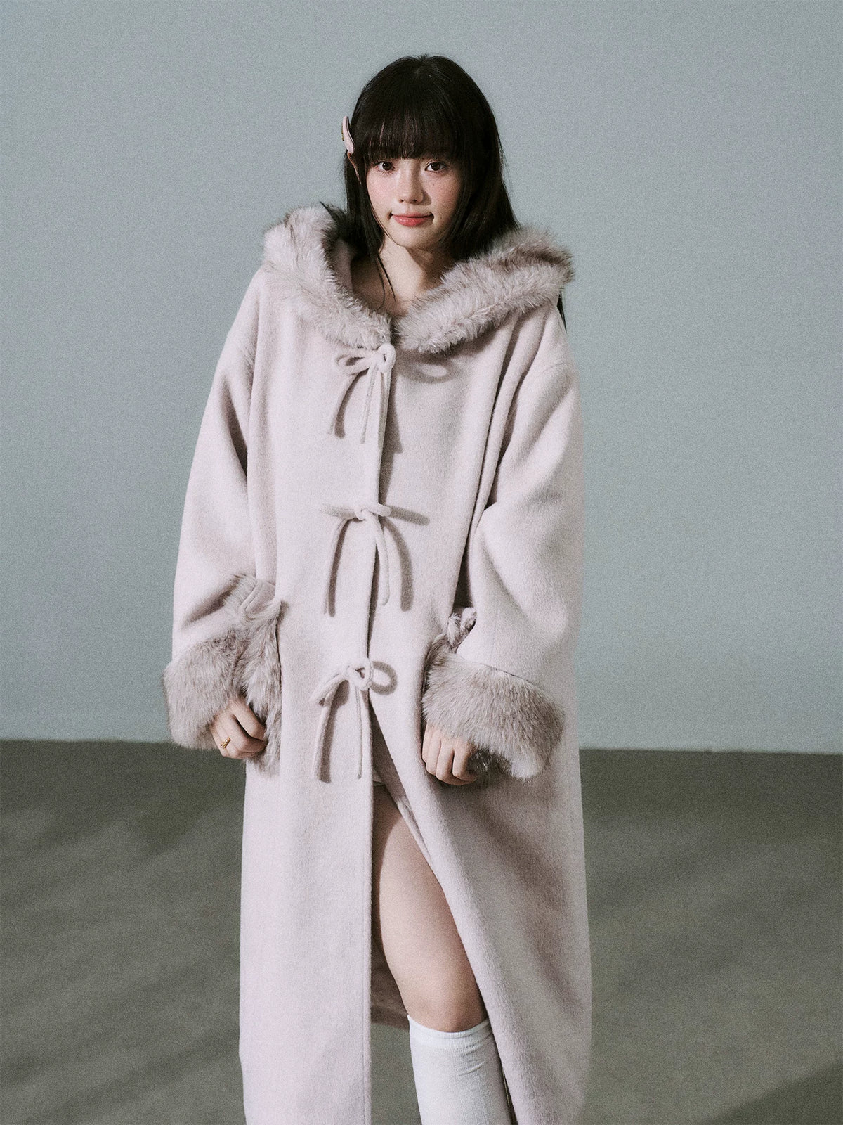 LOST FOREST - Pale Pink Wool-Blend Hooded Long Coat with Bow Tie & Faux-Fur Trim