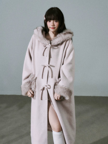 LOST FOREST - Pale Pink Wool-Blend Hooded Long Coat with Bow Tie & Faux-Fur Trim