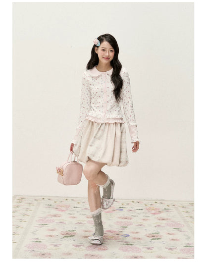 [RF] Waffle Texture Peter Pan Collar Floral Cardigan in Soft Pink