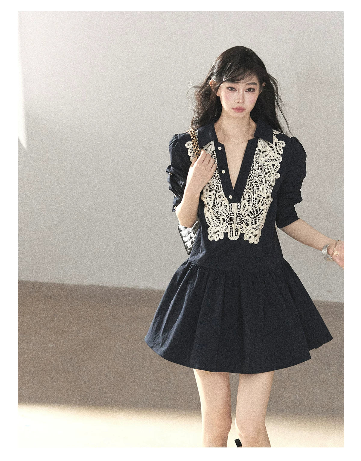AOMALM - Navy French-Inspired Lace Shirt Mini Dress with Convertible Sleeves