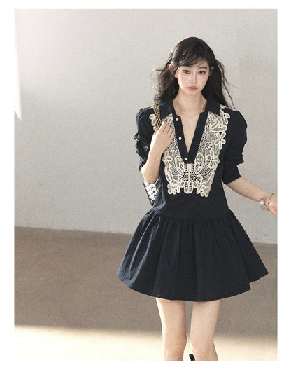 AOMALM - Navy French-Inspired Lace Shirt Mini Dress with Convertible Sleeves