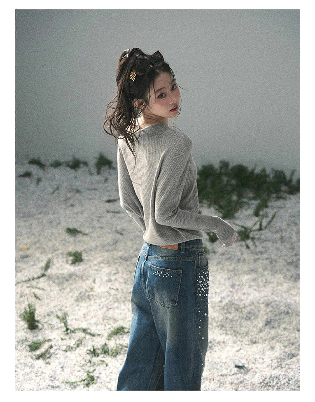 “Ashes of Yesterday” Mist Gray Off-Shoulder Layered Knit Top