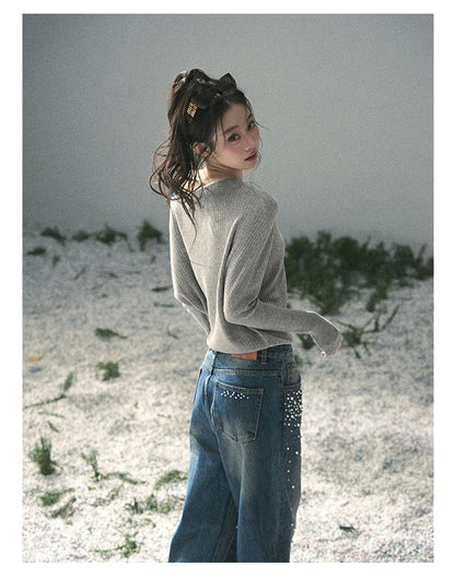 “Ashes of Yesterday” Mist Gray Off-Shoulder Layered Knit Top