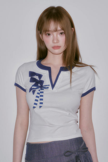 LOST FOREST - Blue & White Bow-Detail V-Neck Fitted T-Shirt