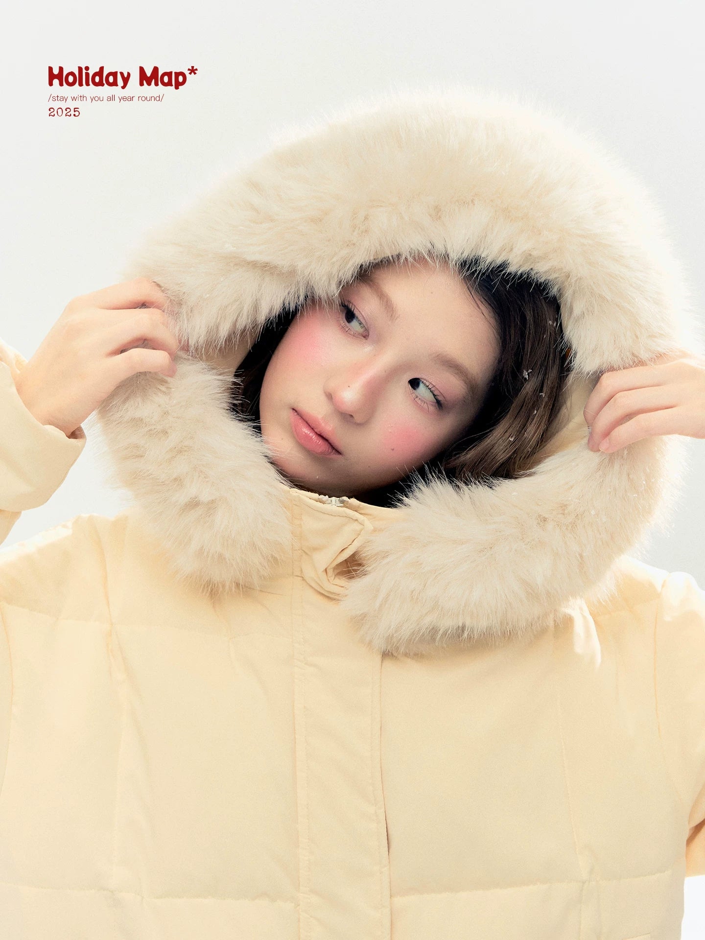 "Butter Soufflé" Vanilla Butter Hooded Mid-Length Down Coat with Faux Fox Fur Trim