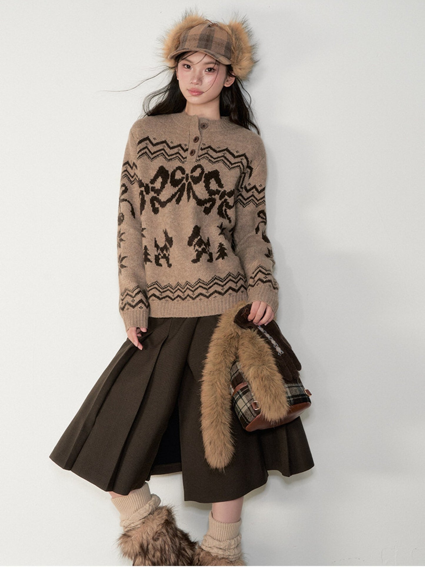 Soote Season - Fair Isle Cinnamon Bow Henley Knit Sweater