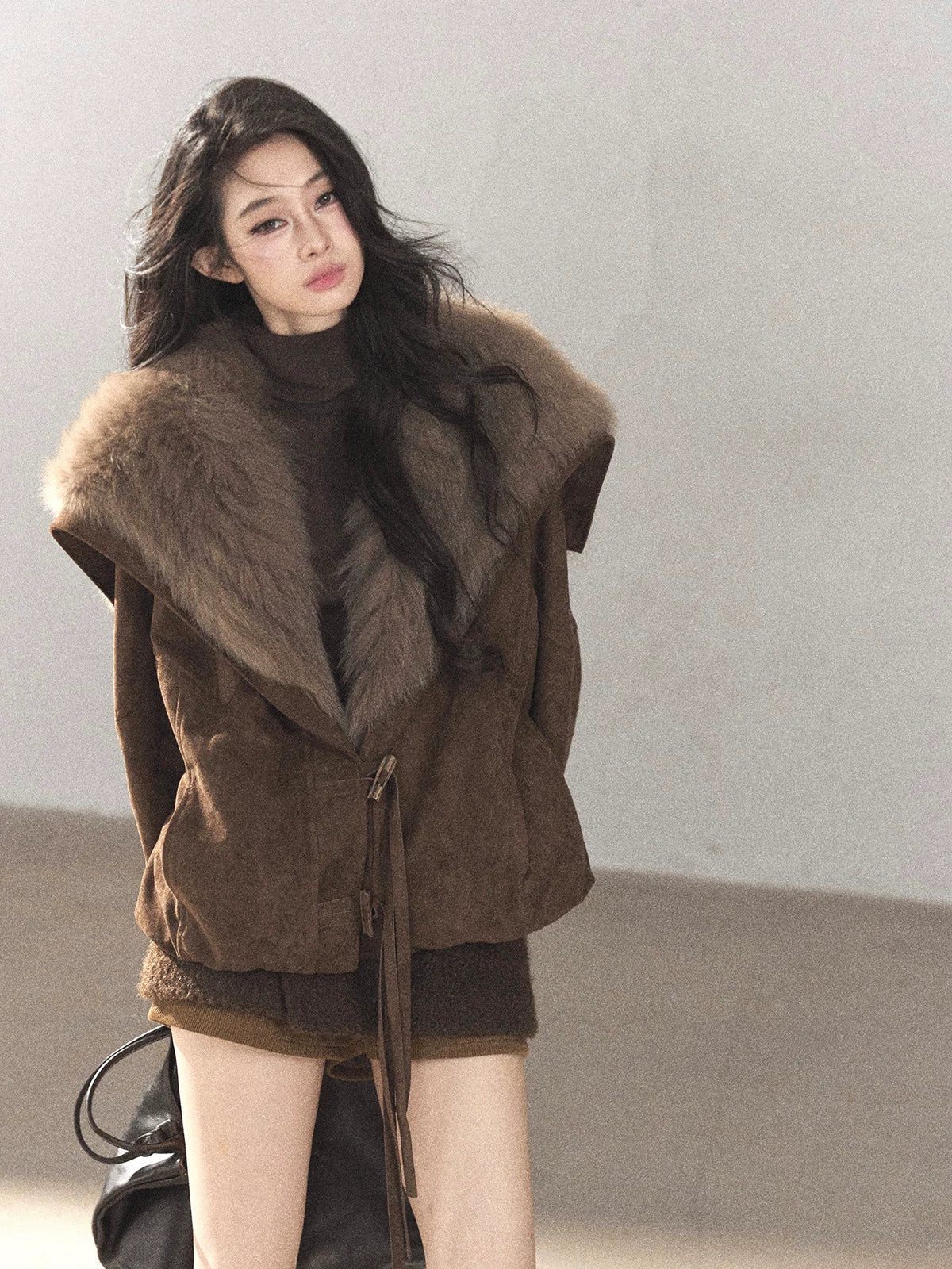 AOMALM - Antique Bronze Faux-Suede Goose Down Parka with Fox Fur Collar