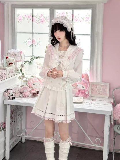KYOUKO - My Melody White and Pink Lace Sailor Top, Heart Pleated Skirt and Tulle Skirt Set