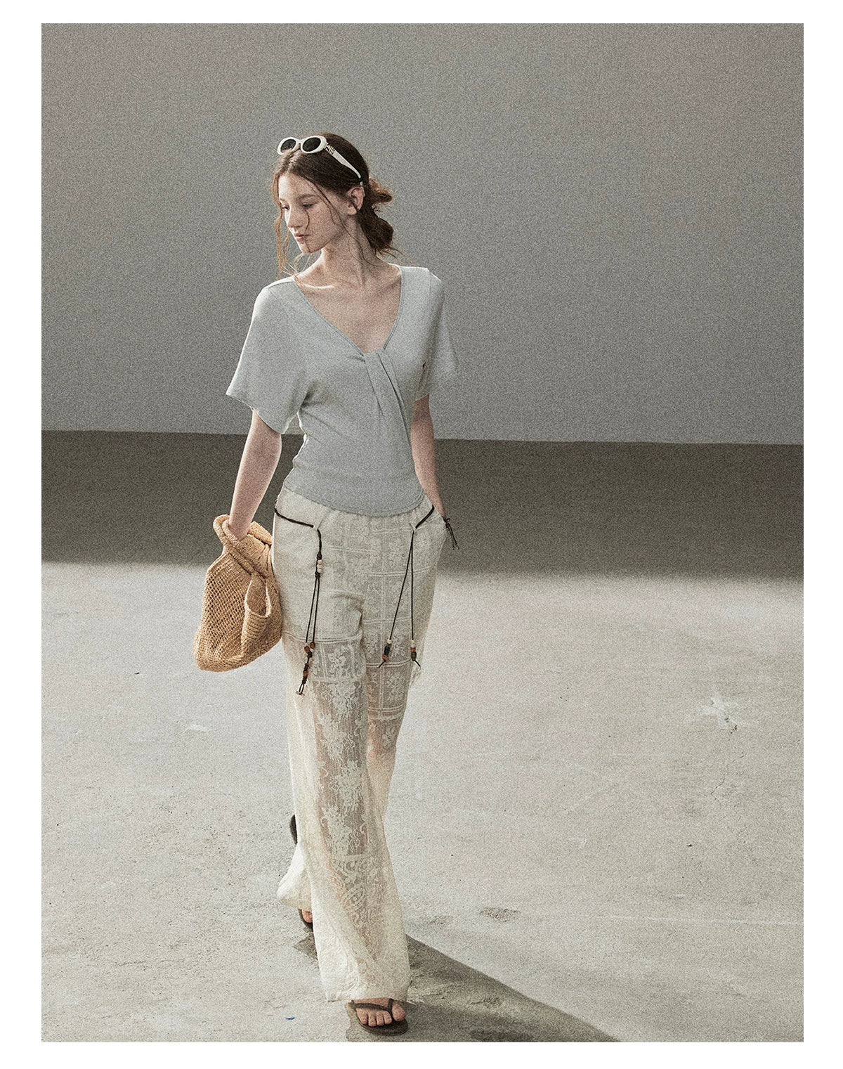 "Moonlight on Water" Twist-Front Cropped T-Shirt (Silver Mink Gray/ Mist Blue)