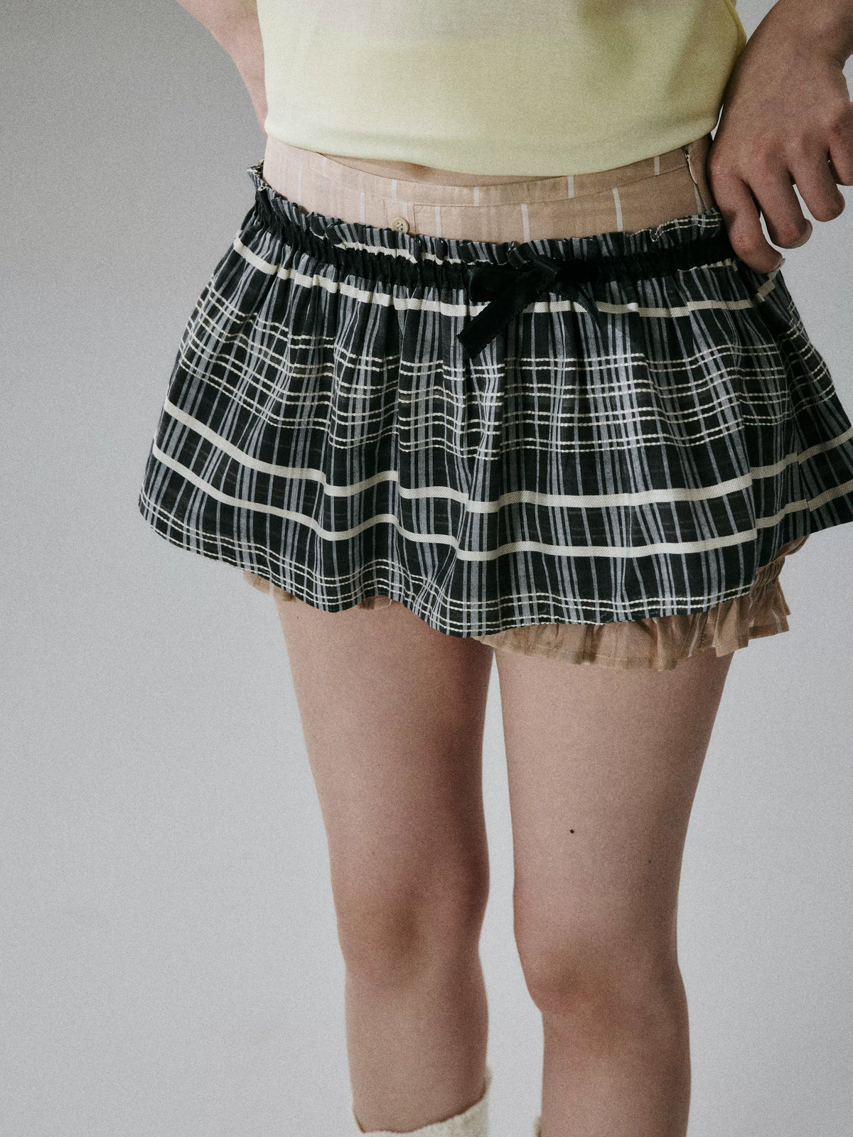 LOST FOREST - Black Plaid & Tea Brown Silk-Cotton Layered Skirt