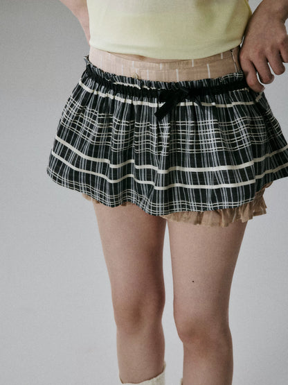 LOST FOREST - Black Plaid & Tea Brown Silk-Cotton Layered Skirt