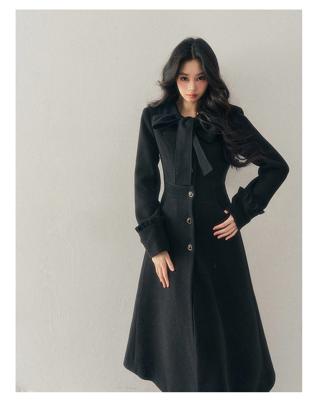 少也眼 "Snowfall Night" Wool-Blend Padded Coat – Rock Black Bow Edition