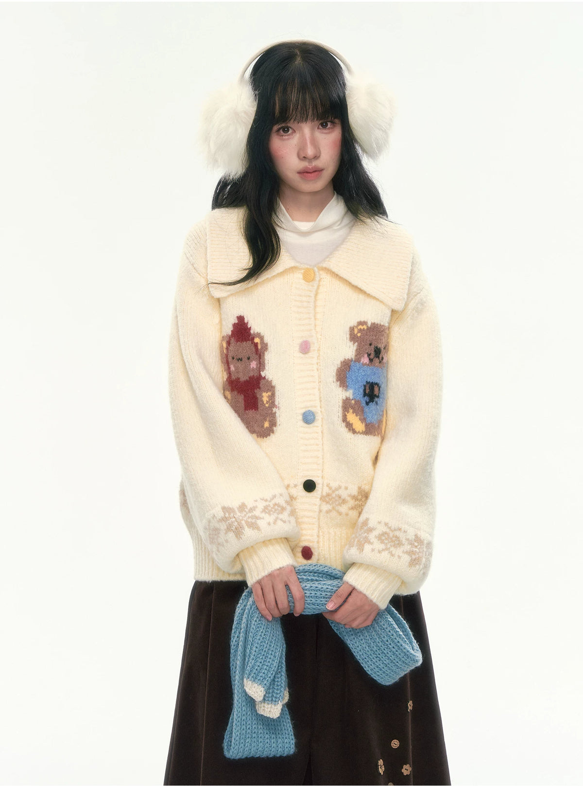 CAN - "Teddy’s Autumn Soirée" Cream White Teddy Bear Fair Isle Jacquard Cardigan