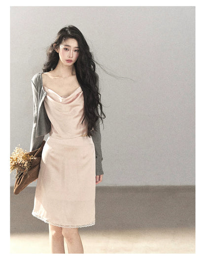 AOMALM - Glacier Pink Satin Cami & Skirt Set with Paris Gray Knit Cardigan