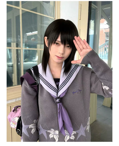"Snow-Cleared Lily" Gray-Lilac JK Long-Sleeve Sailor Uniform Set