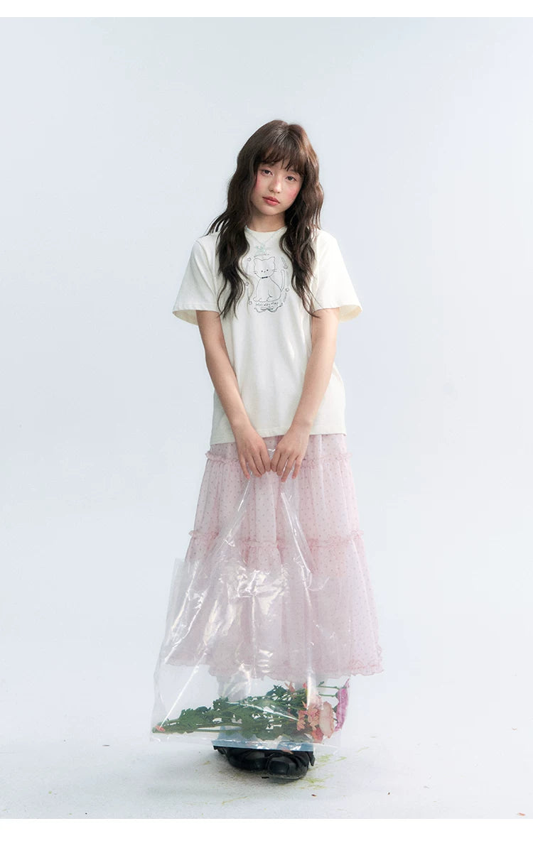 "Garden Kitty" Ivory Embroidered Cat Cotton T-Shirt