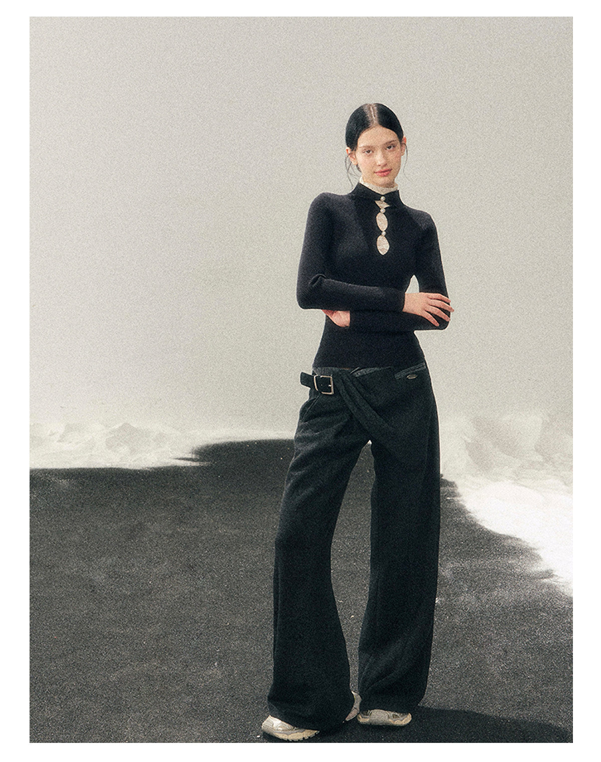 040126 "Lacewoven Dream" Mock Neck Layered Lace Knit Top - Obsidian Black
