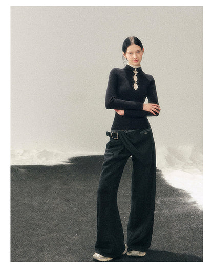 040126 "Lacewoven Dream" Mock Neck Layered Lace Knit Top - Obsidian Black