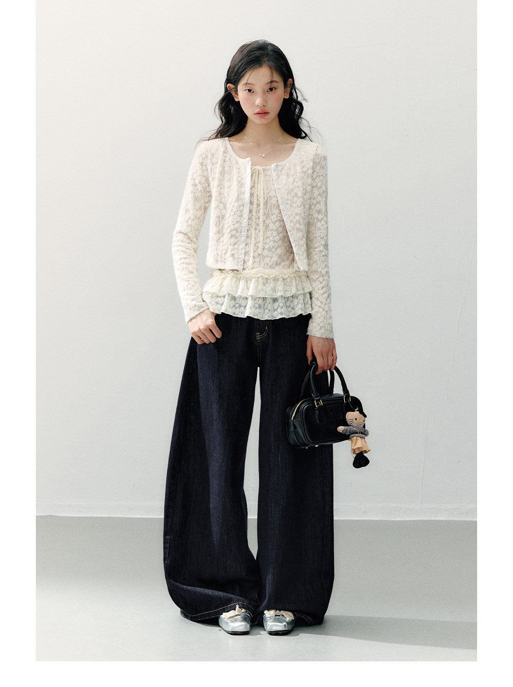 ANNATTO - Beige Apricot Faux Two-Piece Lace Long Sleeve Top & Blue Denim Pants Set