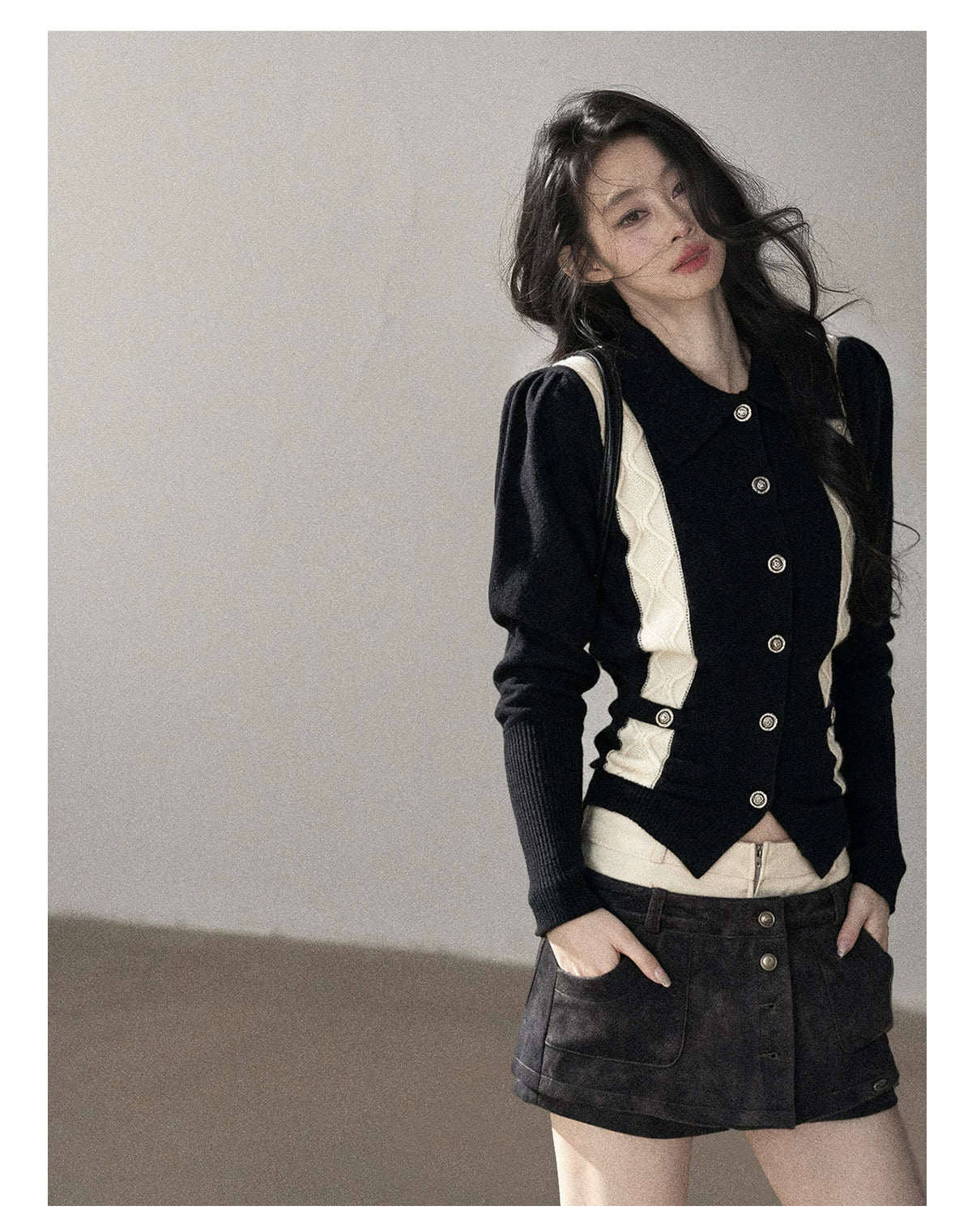 AOMALM - "Nocturne of Pine & Cypress" Black & White Contrast Knit Cardigan with Notched Collar