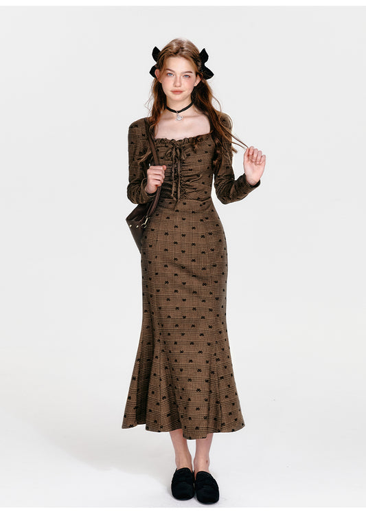 Bow Print Hip Fishtail Dress